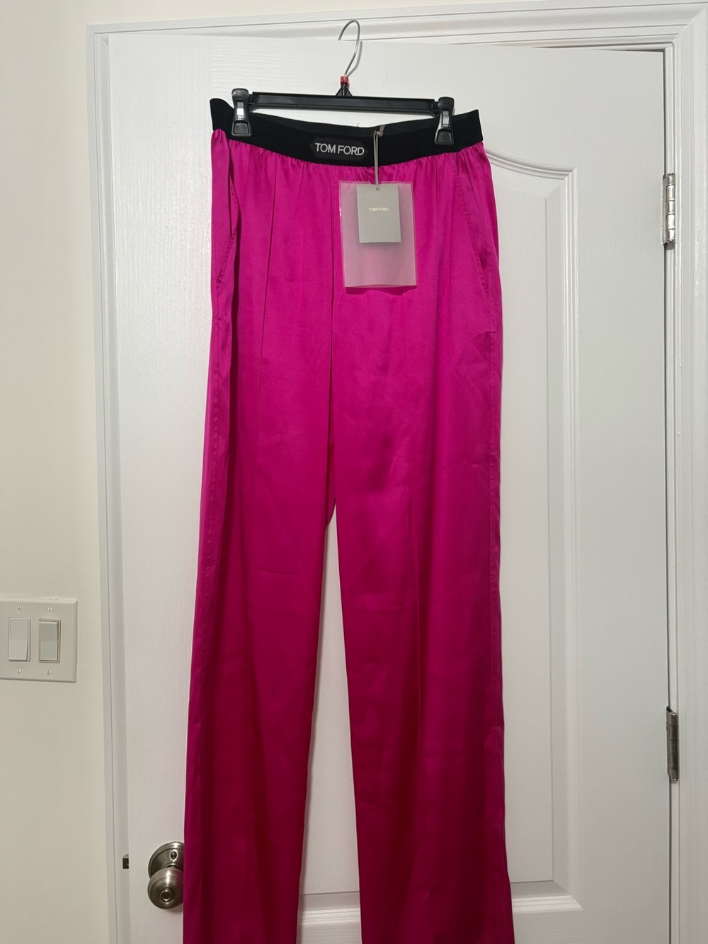 Tom Ford Fuchsia Wide-Leg Silk Pants with Black Waistband